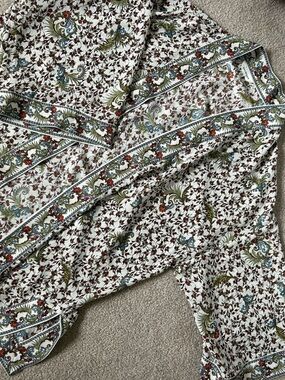 Max Studio Cream Blouse with Olive, Rust & Blue Floral Border